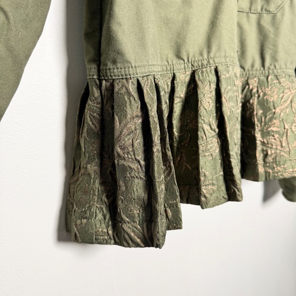 Gap Army Green Utility Jacket w Metallic Floral Pleated Peplum Hem Sz M - Picture 4 of 10